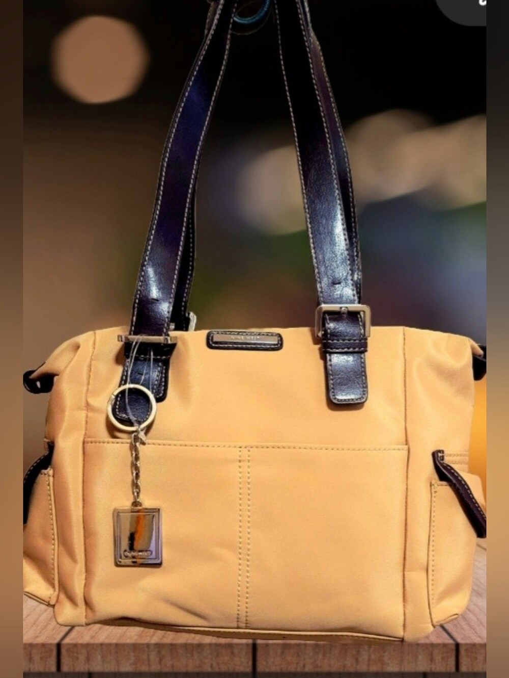 Nine West Vintage Canvas Tan Handbag Tote with Dark Brown Trim